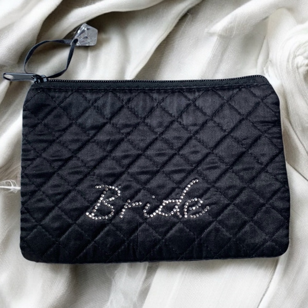 NEW Bride Black Quilted Rhinestone Faux Diamond Makeup Bag Cosmetic Bag Pouch